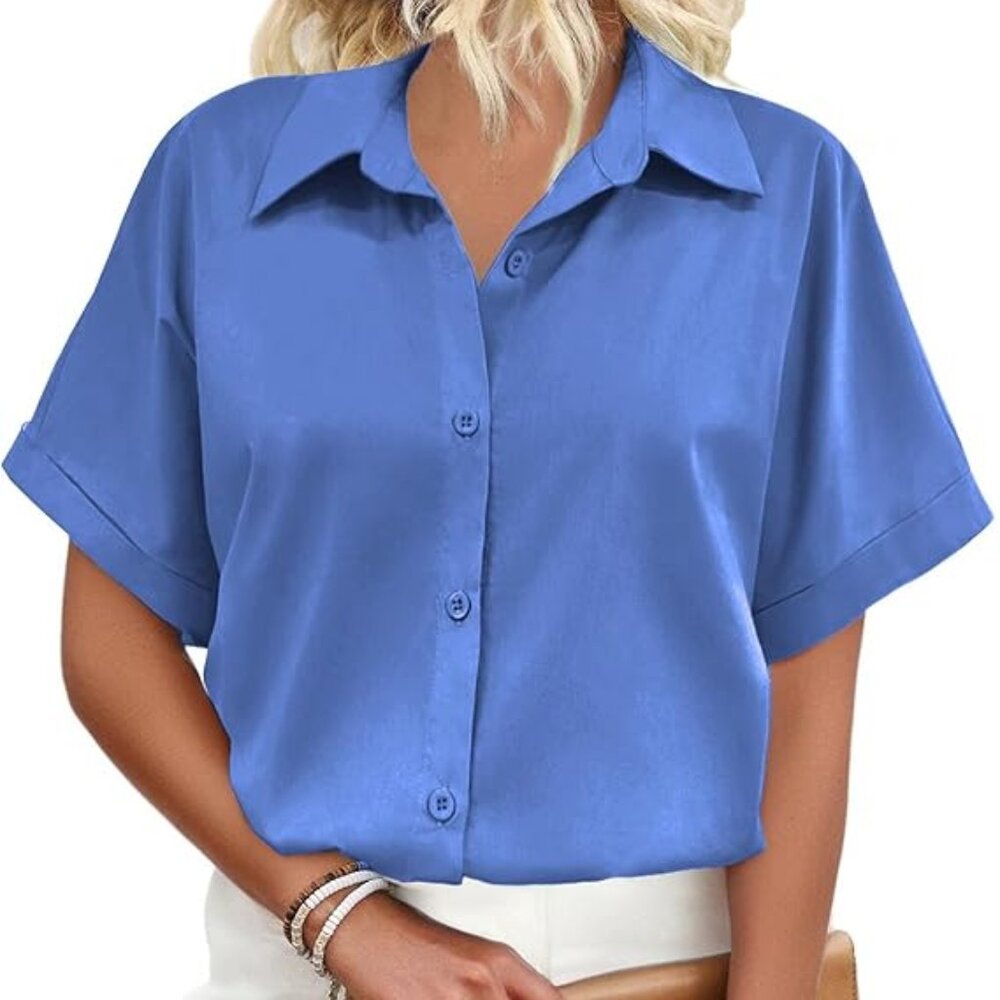 Women's Button Down Shirt Short Sleeve Casual Oversized Loose Collared V-Neck